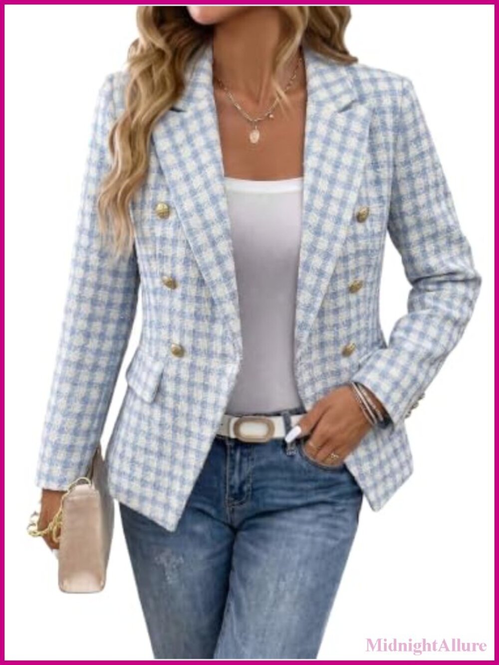 Tweed Plaid Double Breasted Blazer Notch Lapel Business Casual